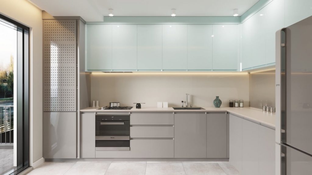 Blue grey L shaped kitchen 1024x576 - Tại sao bạn nên lựa chọn tủ bếp đẹp chữ L?