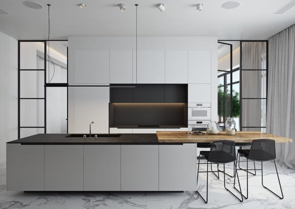 wood island in black and white kitchen 1 1024x724 - Xu hướng thiết kế nhà bếp năm 2020